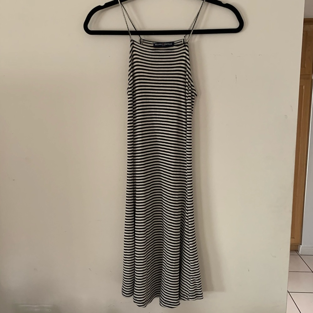 Brandy Melville Black and Cream Striped Tank Dress